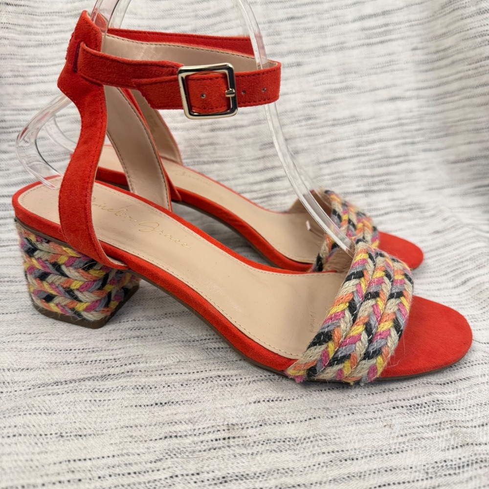 Amelia Grace Red Suede Sandals Woven Block Heel Ankle Strap Size 6.5 Resortwear